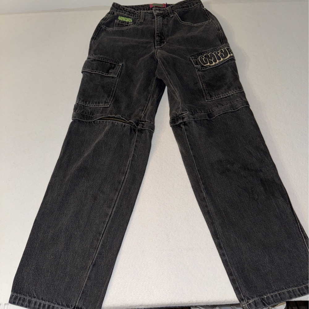 Empyre Loose Fit Convertible Cargo Jeans Washed Black Zip Off Skate Pants Size 2